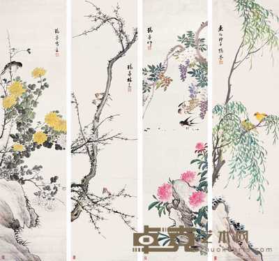 林嘉 四季花鸟 四屏 134.5×35cm×4